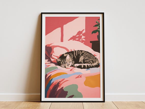 Domestic Shorthair Cat Sleeping In Bed Matisse Style Abstract Art Print Colorful Pet Wall Decor Cozy Bedroom Accent Modern Lover Gift