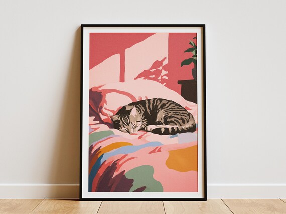 Sleeping Tabby Cat on Pink Bed Matisse Style Bedroom Art Poster