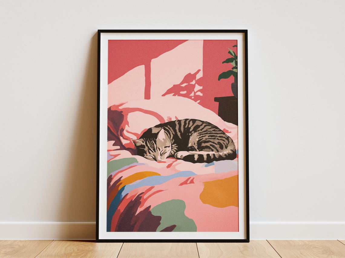 Sleeping Tabby Cat on Pink Bed Matisse Style Bedroom Art Poster