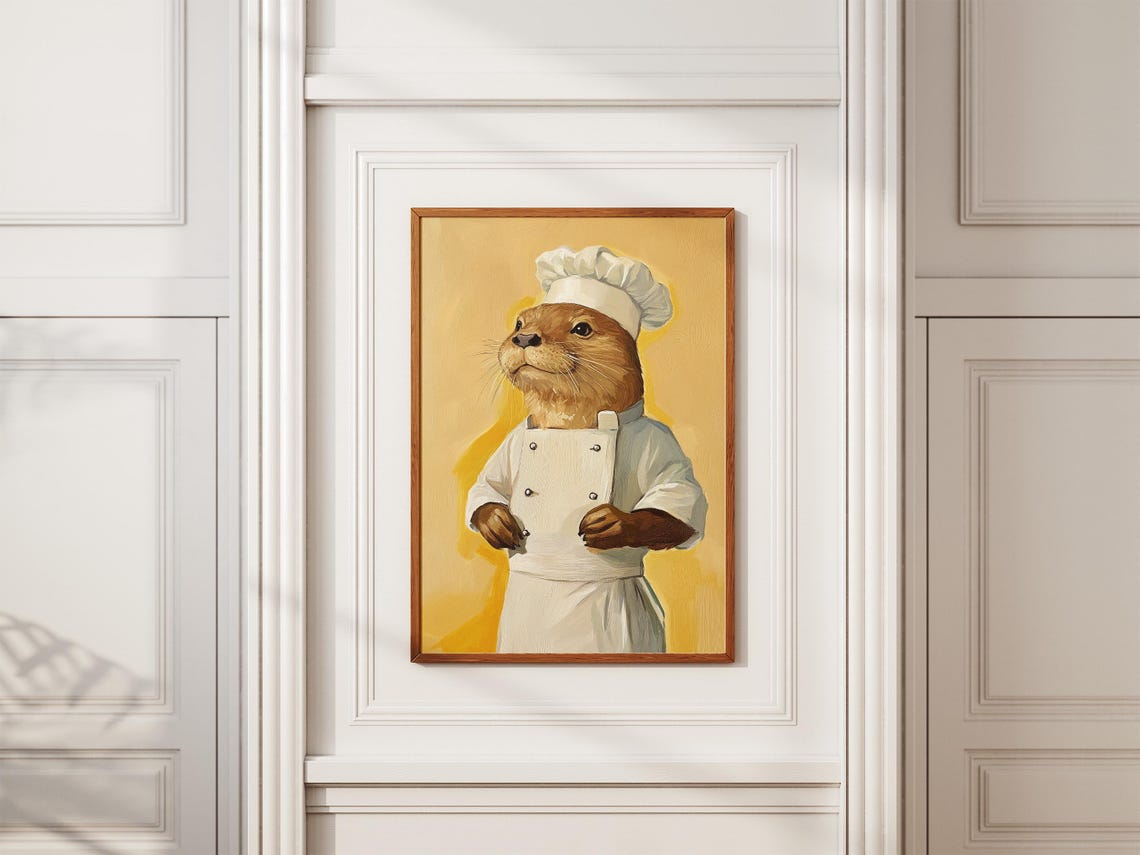 Cute Otter Chef Wearing Hat And White Coat Yellow Background Poster - Image 2