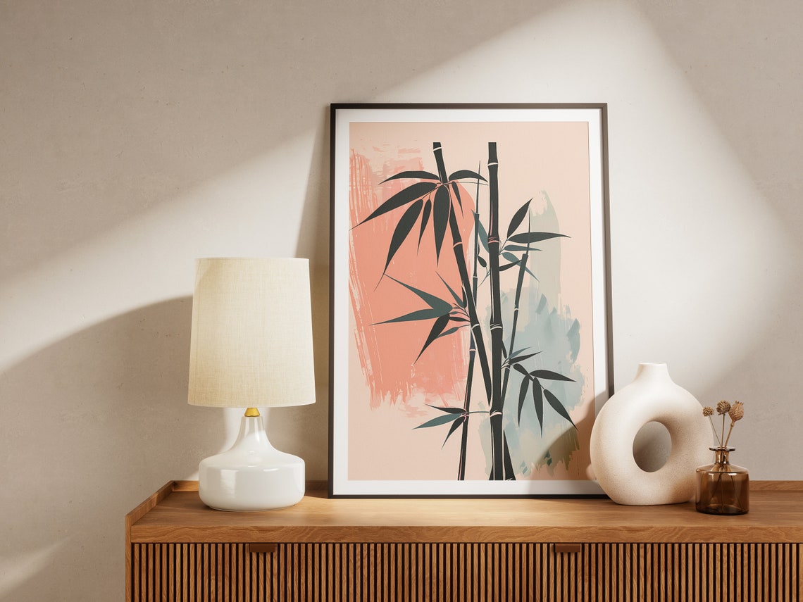 Modern Minimalist Bamboo Stalks Blush Pink Watercolor Poster - Image 2