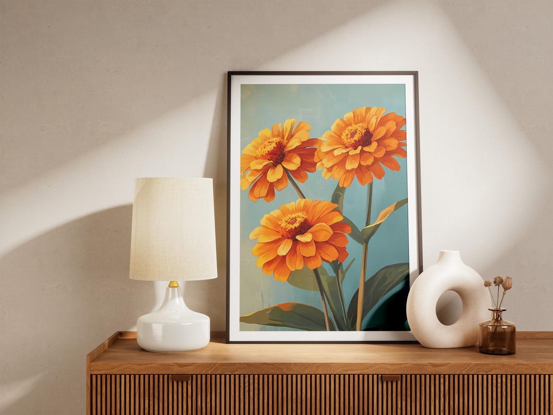 Bold Orange Zinnia Trio On Teal Background Modern Floral Poster - Image 5