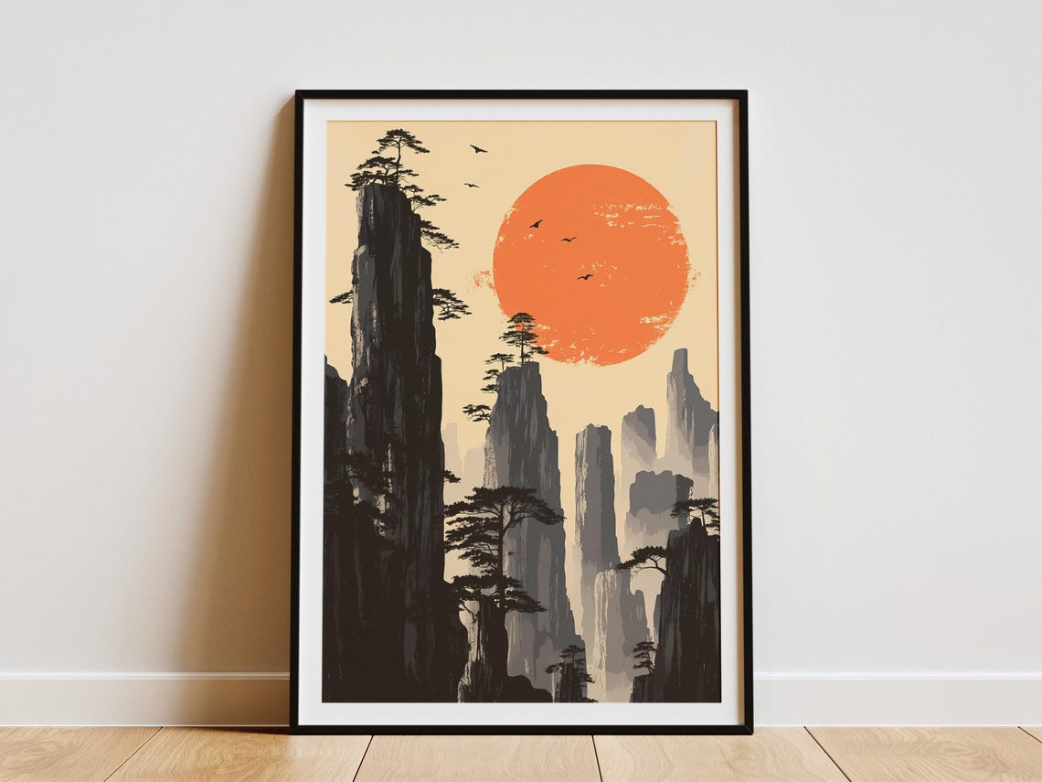 Asian Stone Forest Pillars with Ink Wash Sunset Art Poster Scenic