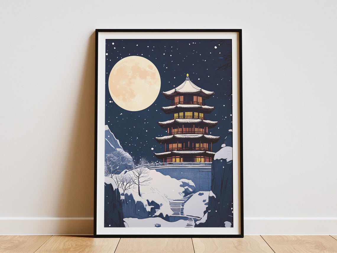 Snowy Pagoda Full Moon Starry Winter Night Illustration Poster