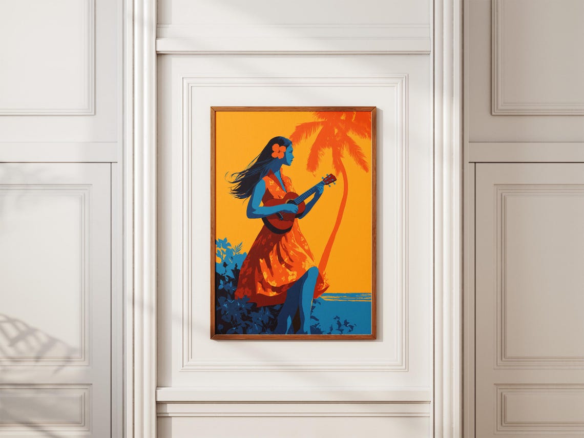 Hawaiian Girl Playing Ukulele Pop Art Palm Beach Decor Poster - Image 2