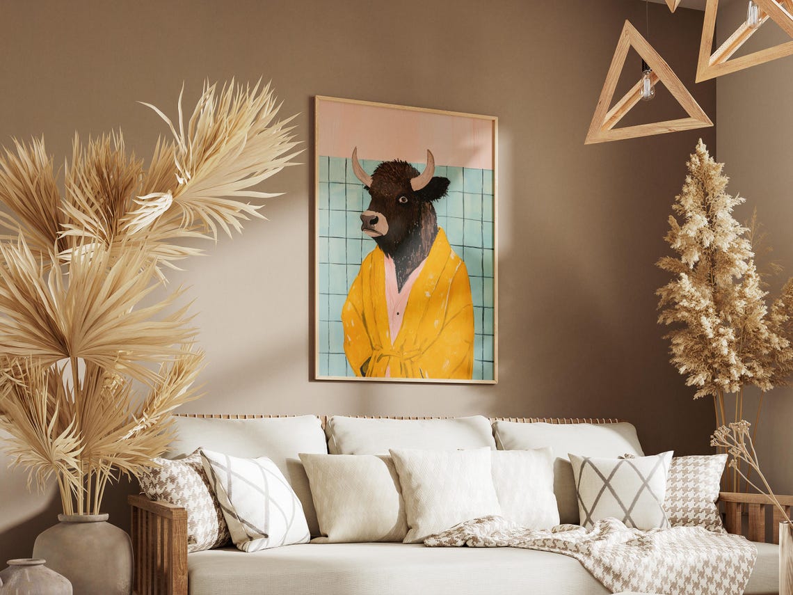Solemn Dark Bison Wearing a Bright Yellow Bathrobe Bathroom Poster - Image 3