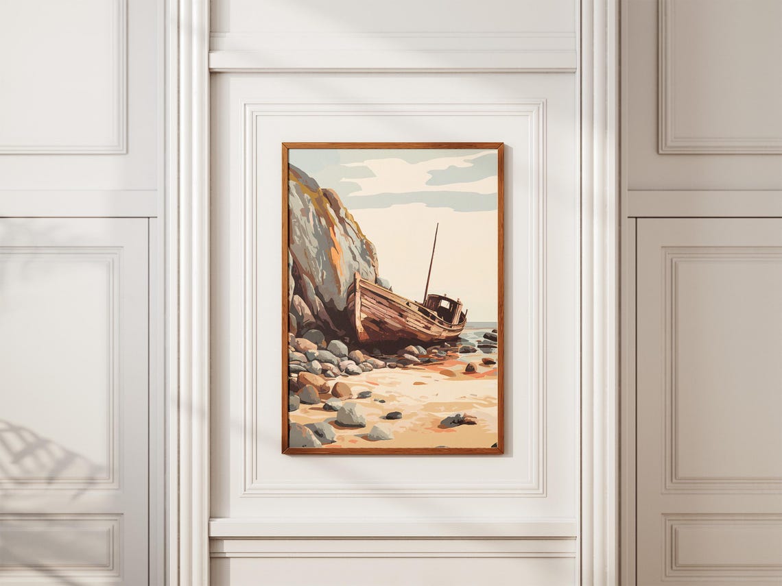 Shipwreck on Rocky Shore Vintage Nautical Coastal Illustration Poster - Image 2