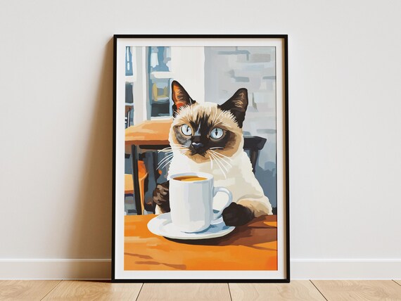 Elegant Siamese Cat With Coffee Mug Cozy Cafe Table Art Poster