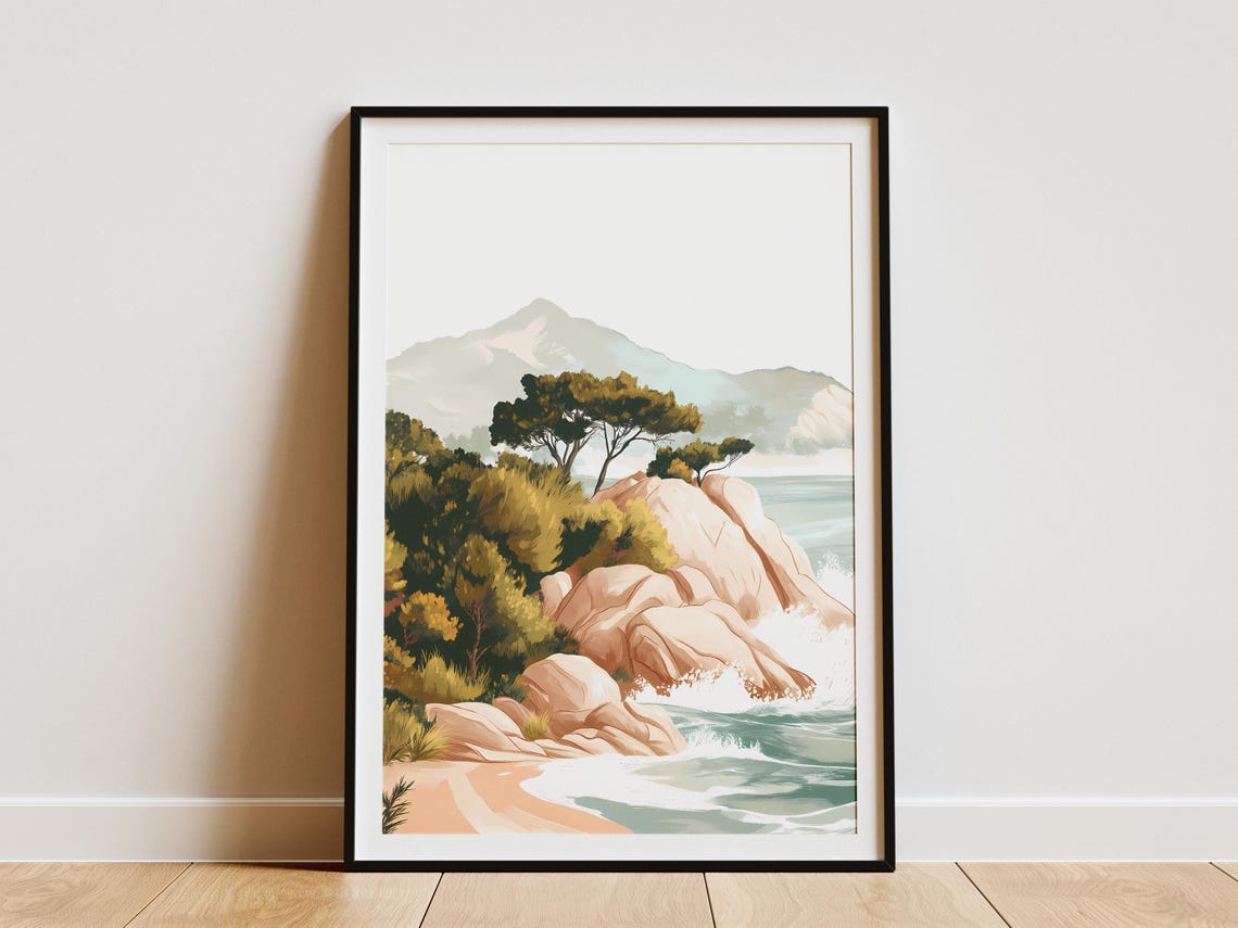 Rocky Coastal Cove Pine Trees Mountain Shore Illustration Poster