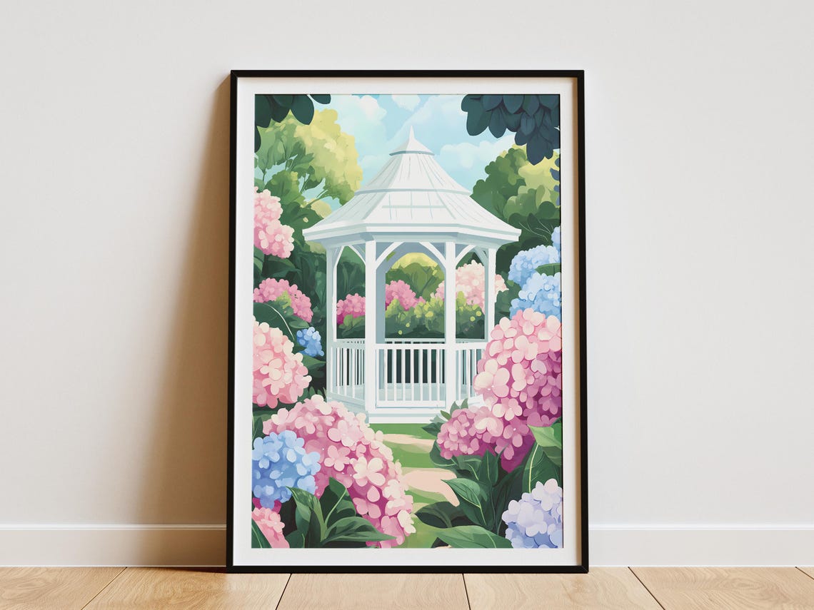 White Garden Gazebo Surrounded By Pink Blue Hydrangeas Poster