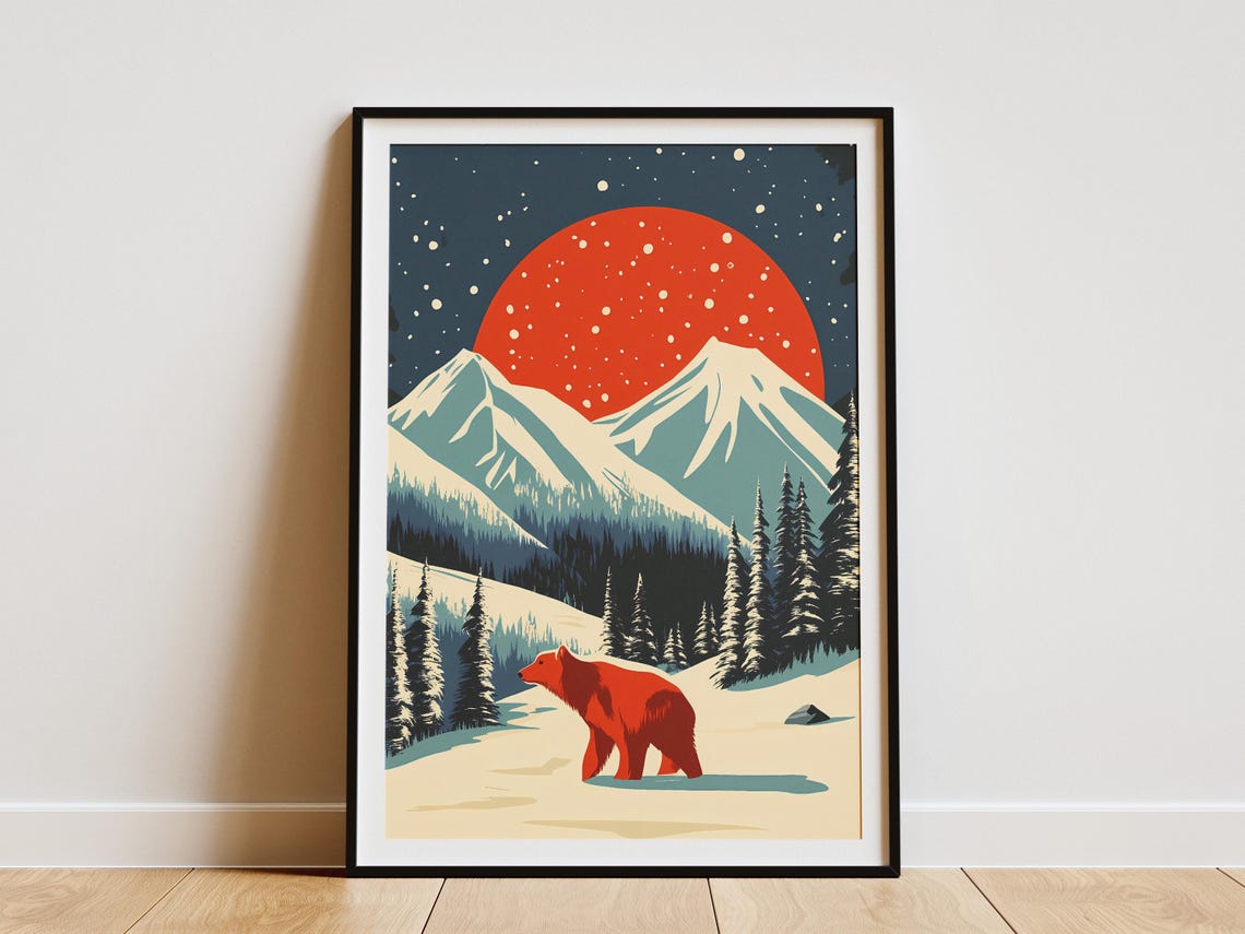 Katmai Red Bear Walking in Snow Under a Giant Red Sun Poster