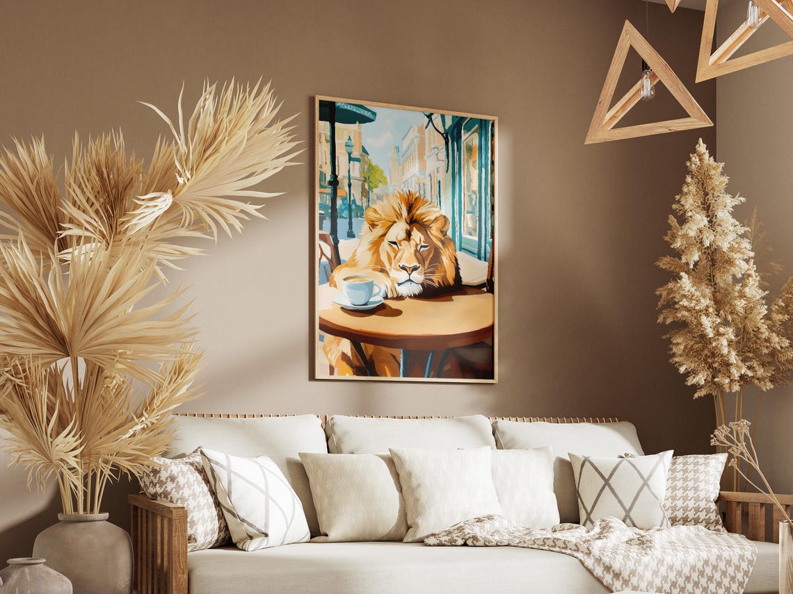 Sleepy Lion Coffee Poster Whimsical Animal Cafe Wall Decor Decor - Image 3