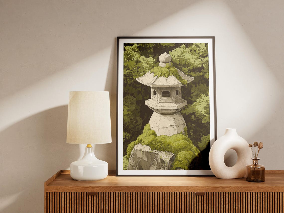 Moss Covered Japanese Stone Lantern in Lush Green Forest Poster - Image 5