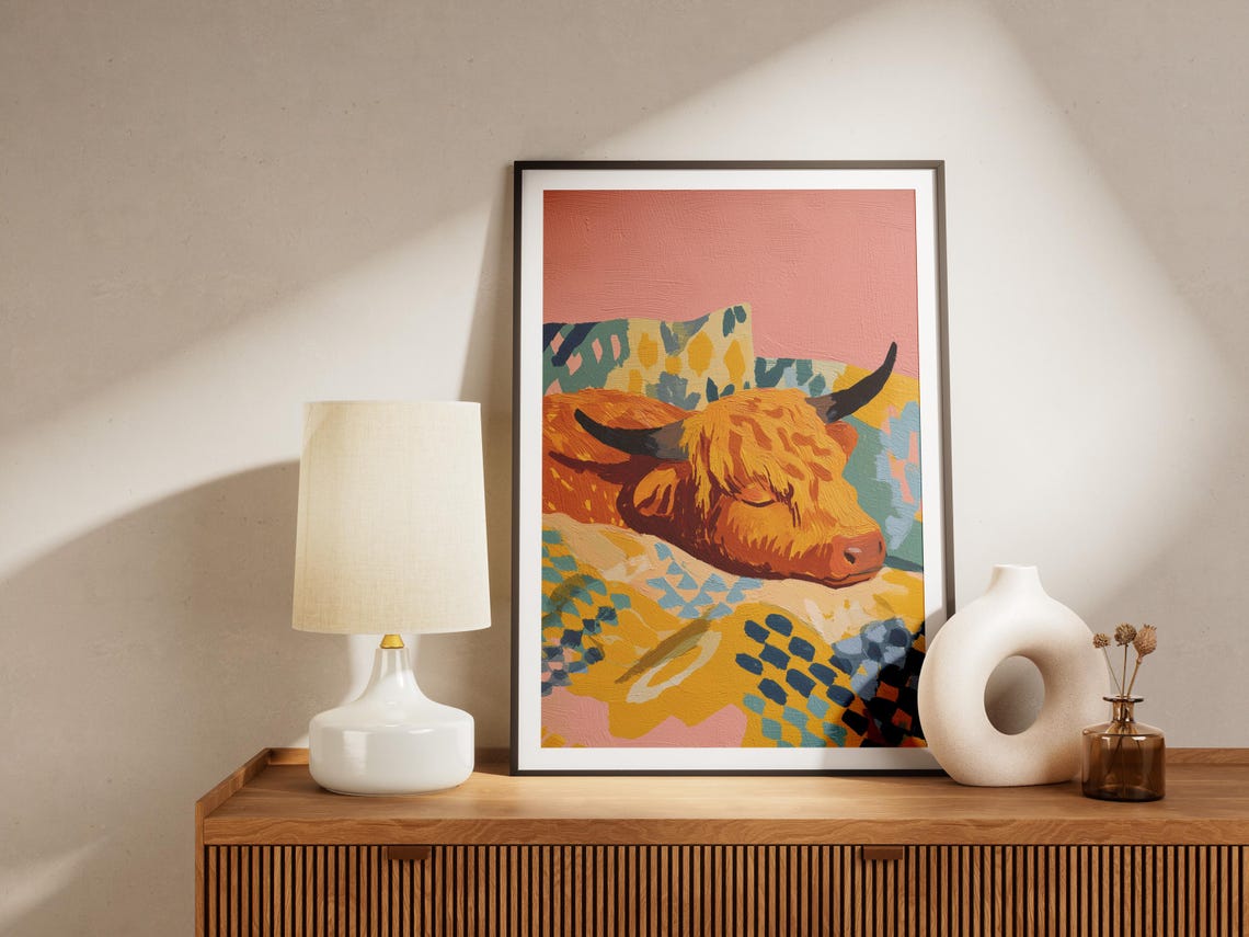 Highland Cow Sleeping Matisse Style Abstract Gouache Art Poster - Image 4