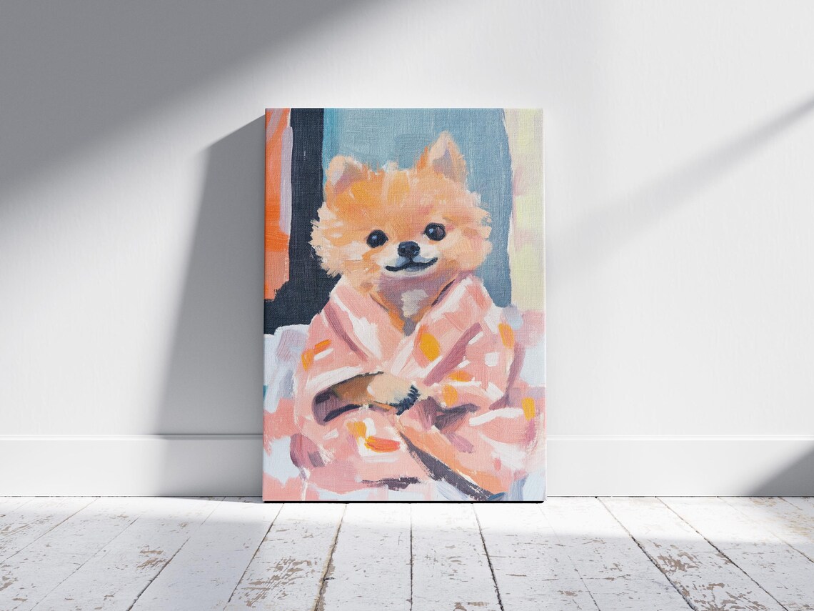 Smiling Pomeranian Puppy In Pink Robe Poster Cute Dog Bathroom Art - Image 2