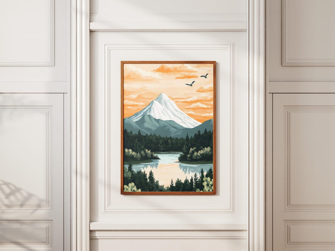 Snow Capped Mountain Lake Sunset Birds Nature Landscape Poster - Image 2