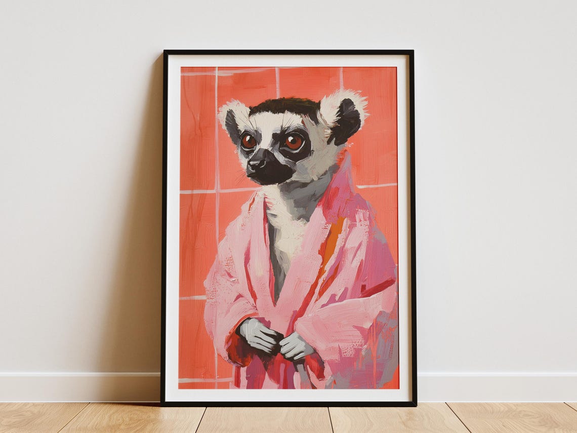 Ring Tailed Lemur in Pink Bathrobe Coral Bathroom Animal Poster