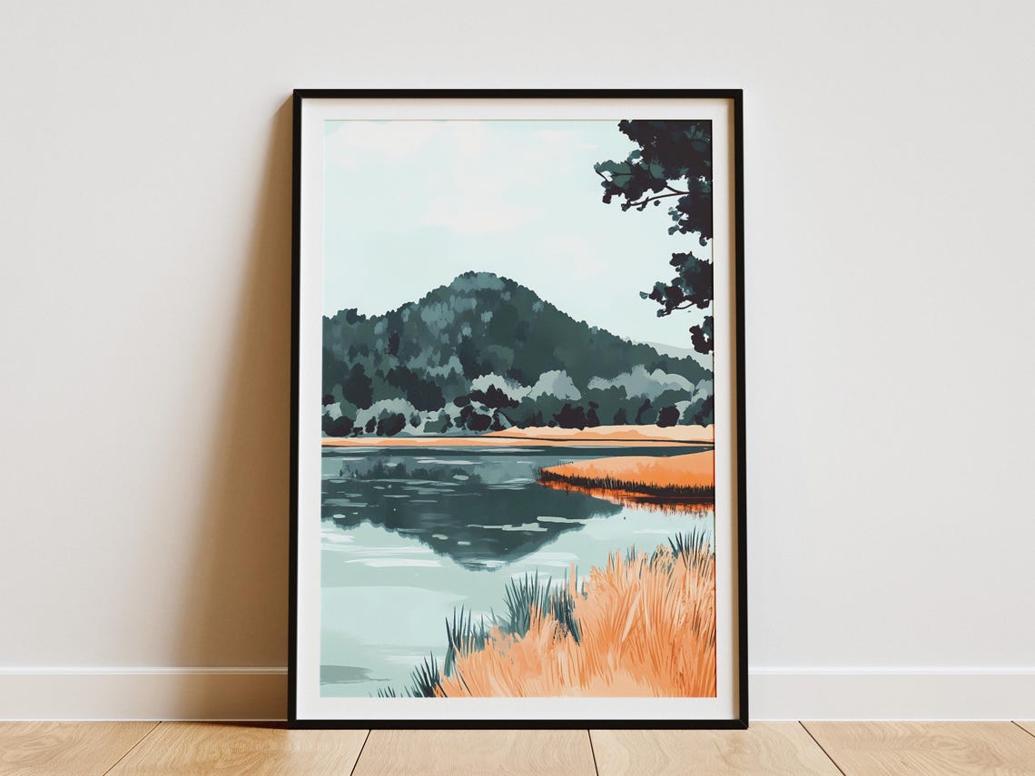 Mountain Lake Framed By Autumn Marsh Reeds Quiet Landscape Poster