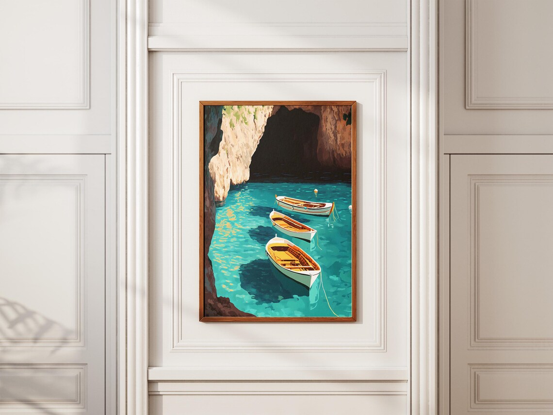 Wooden Rowboats Floating in a Turquoise Sea Cave Grotto Poster - Image 2