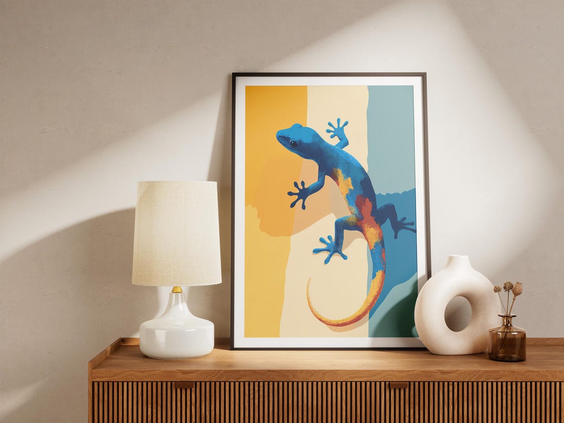 Blue Gecko Lizard Pop Art On Bold Yellow And Teal Blocks Poster - Image 4