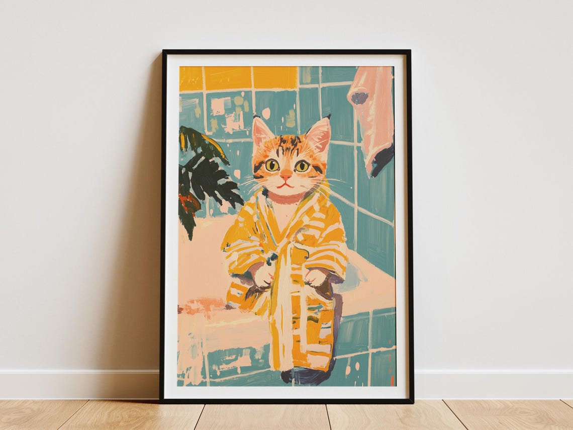Striped Kitten in Yellow Bathrobe Cute Bathroom Cat Art Whimsy Poster