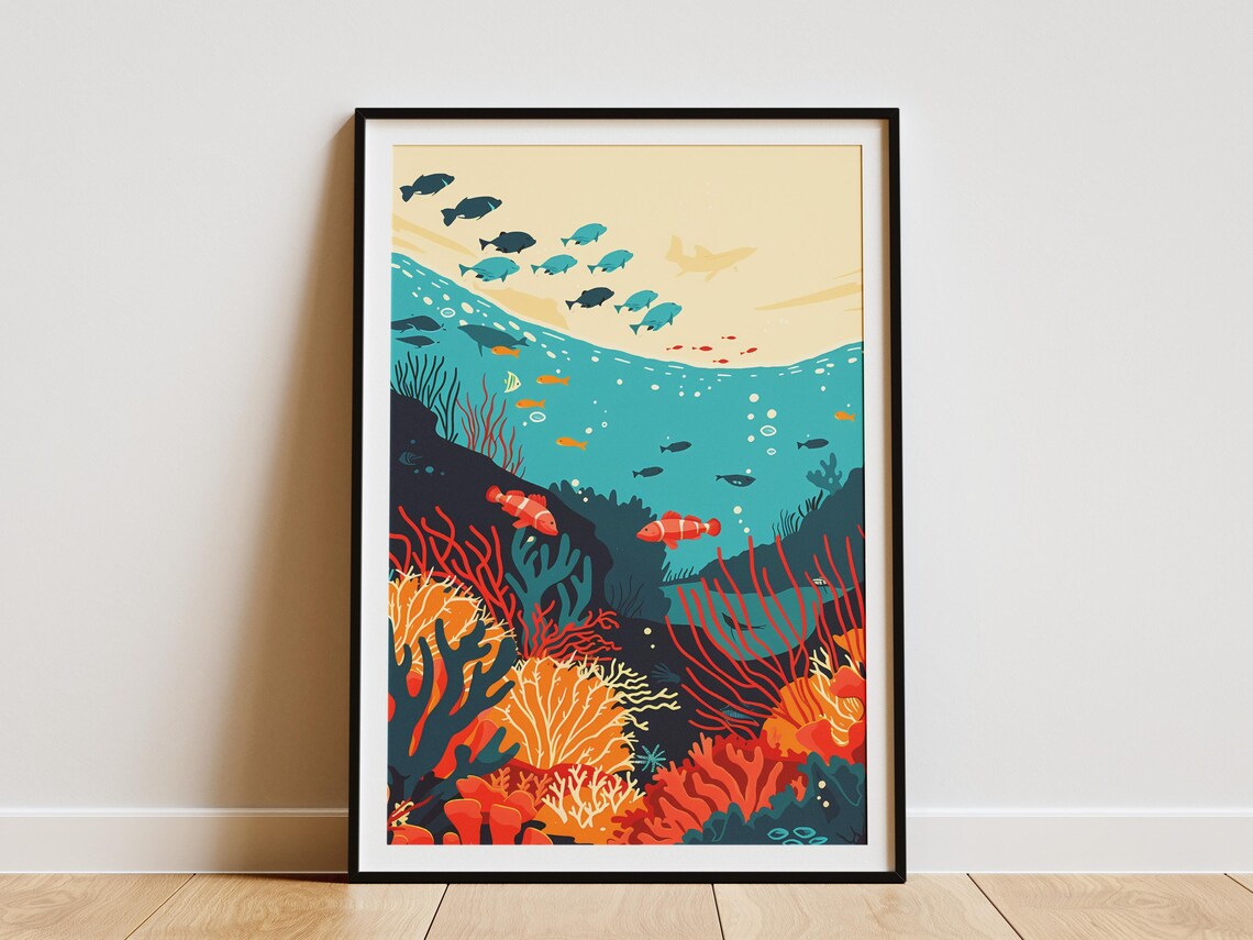 Retro Coral Reef Underwater Ocean Life Tropical Fish Art Poster