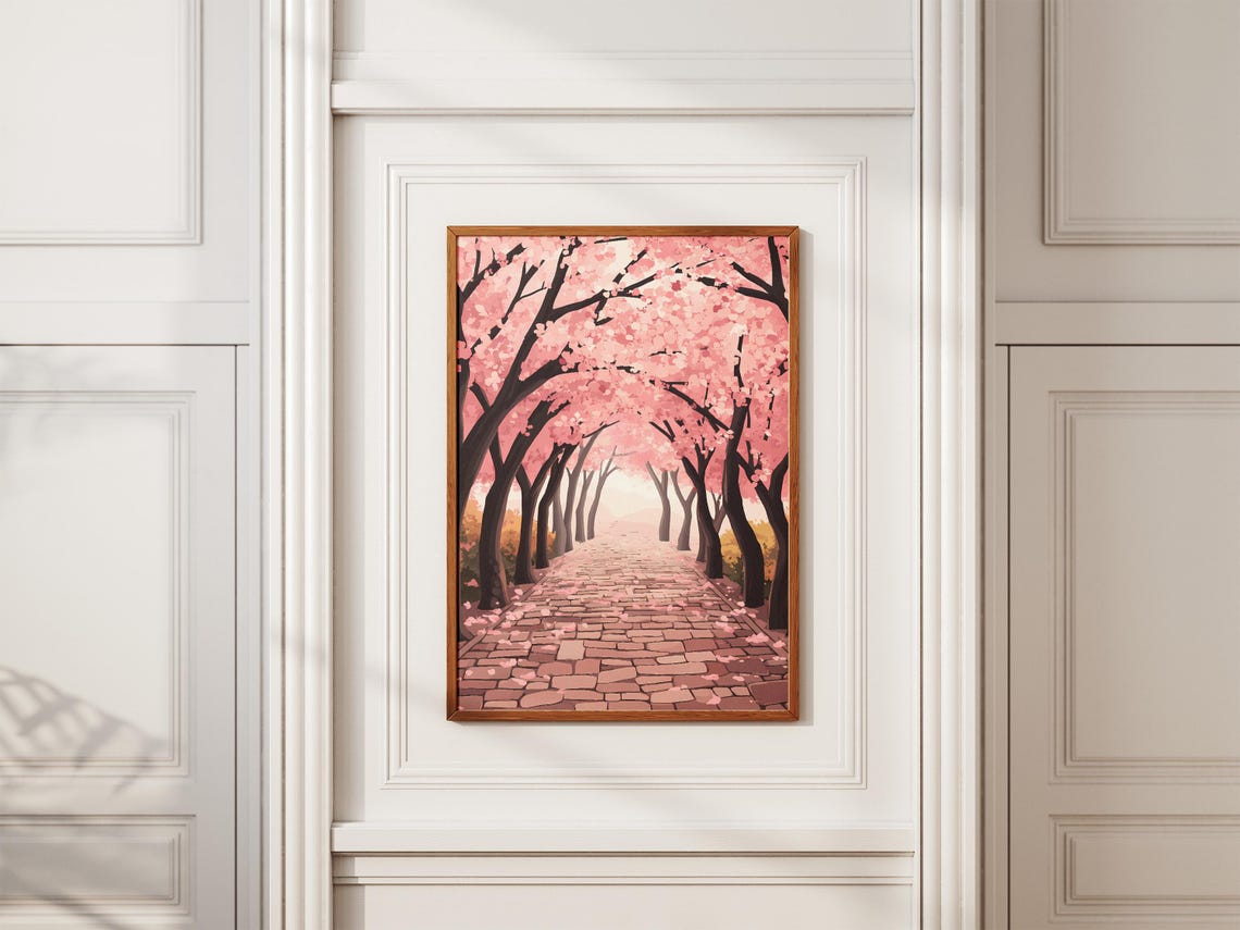 Cherry Blossom Tunnel Over a Cobblestone Path Poster in Spring - Image 2