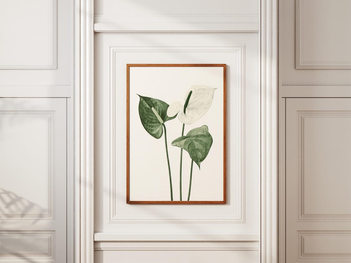 White Anthurium Flower Green Leaves Minimalist Botanical Art Poster - Image 2