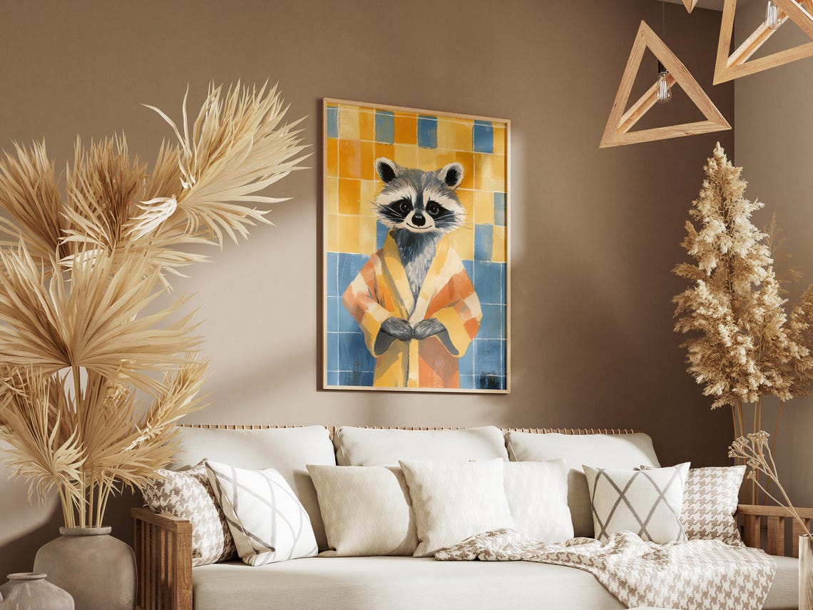 Raccoon In Yellow And Orange Bathrobe Funny Bathroom Wall Poster - Image 3