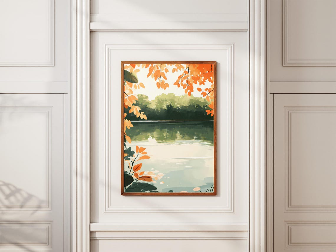 Autumn Lake Framed by Orange Foliage Botanical Nature Art Poster - Image 2