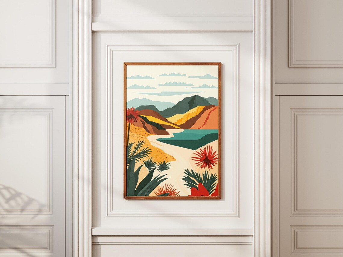 Colorful Hills Red Flowers Teal Bay Tropical Abstract Poster - Image 2