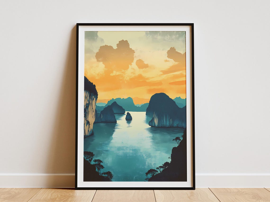 Thailand Phang Nga Bay Fiery Sunset Karst Islands Teal Sea Poster
