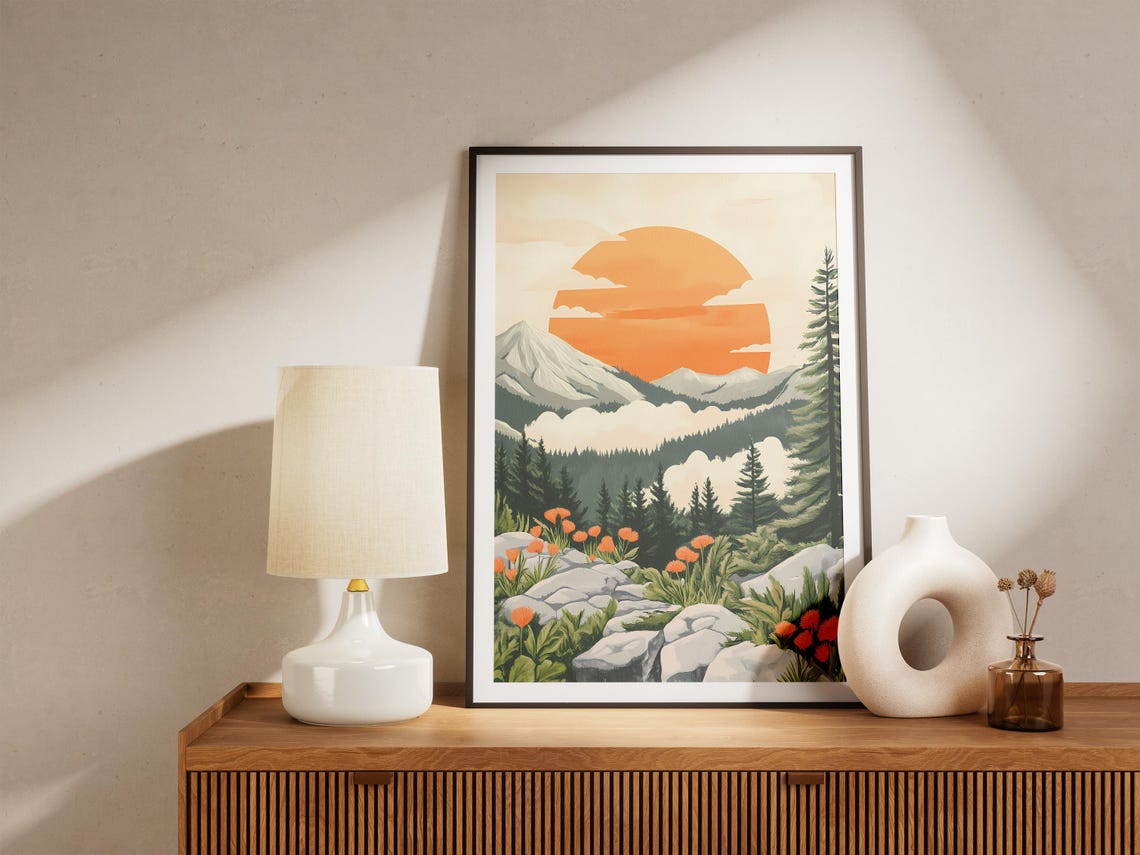 Giant Orange Sun Rising Behind Snowy Mountain Peaks at Dawn Poster - Image 5