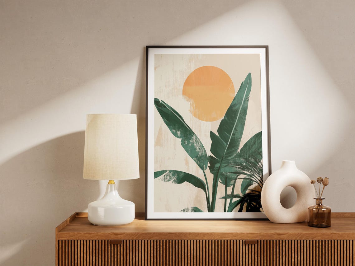 Banana Leaves Rising Sun Beige Minimalist Botanical Wall Poster - Image 4