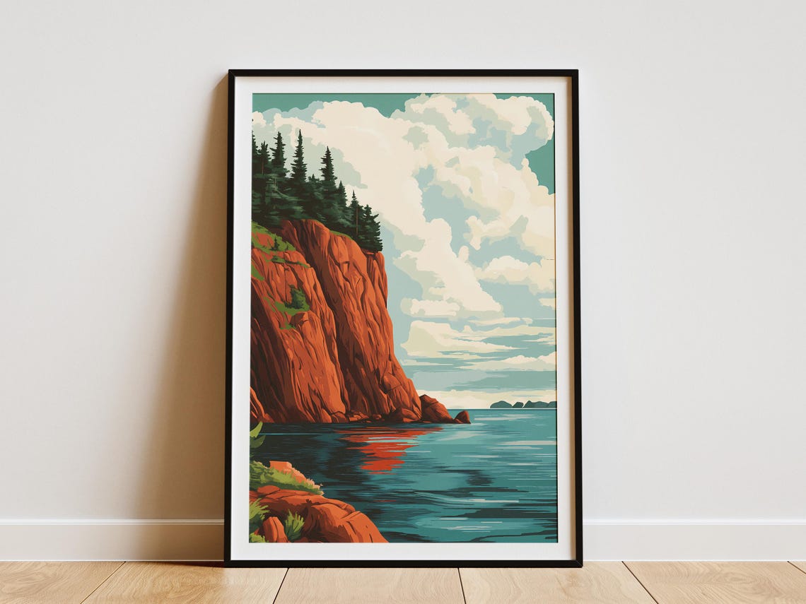Red Cliffs Falling Into The Turquoise Sea Vintage Travel Poster