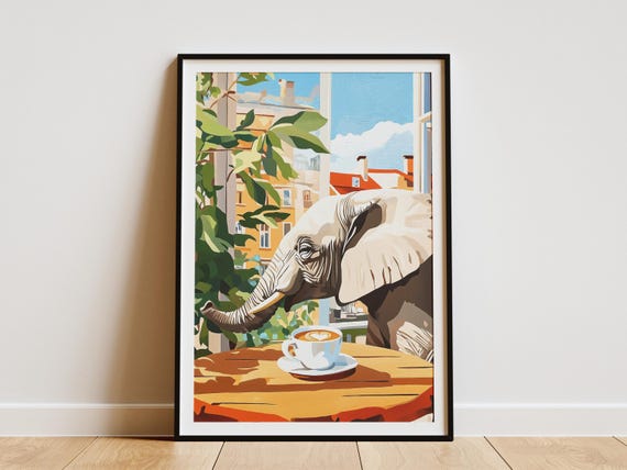 Elephant Cafe Art Print Matisse Style Coffee Lover Gift Whimsical Animal Quirky Home Decor Shop Wall