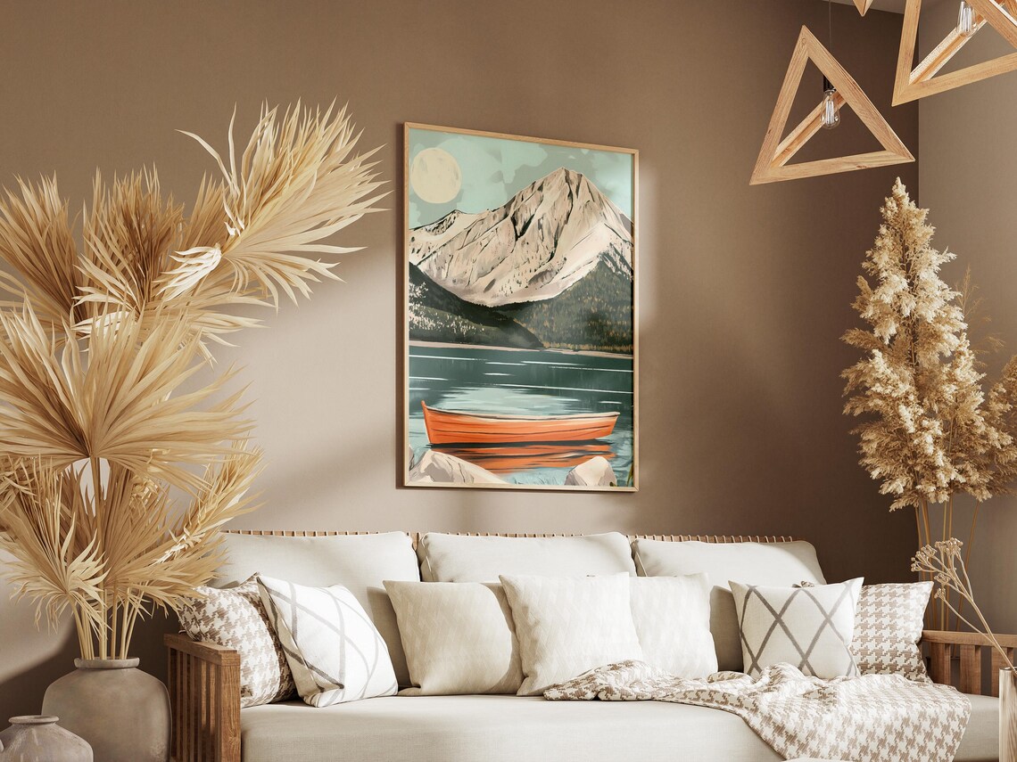 Orange Rowboat on Calm Mountain Lake Pale Moon Evening Poster - Image 3