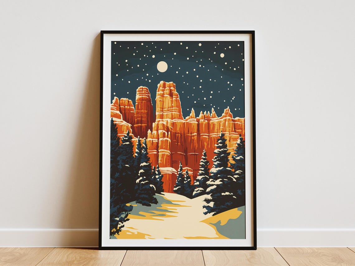 Bryce Canyon National Park Winter Snow Poster Vintage Travel Poster National Park Art Print Utah Landscape Christmas Gift Winter Holiday