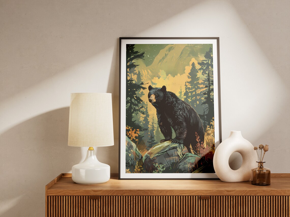 Black Bear Mountain Forest Pines Golden Sunset Wildlife Poster - Image 2