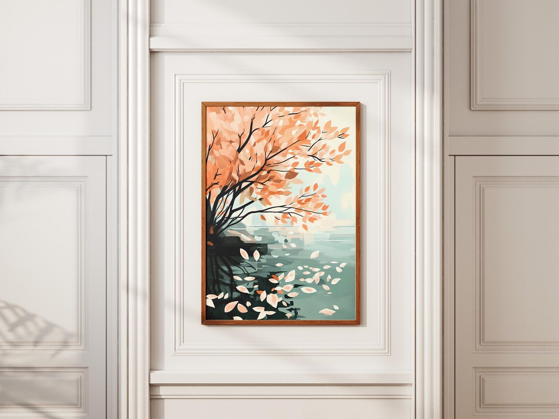 Peach Autumn Leaves Drifting Over Teal Water Landscape Art Poster - Image 2