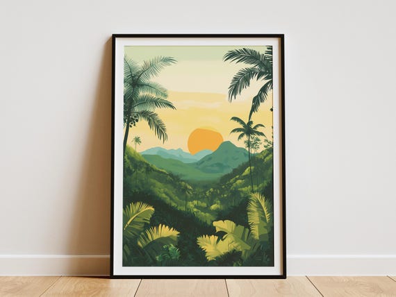 Tropical Sunset Landscape Poster Print Cuban Nature Wall Art Alejandro De Humboldt National Park Palm Trees Green Mountains Summer