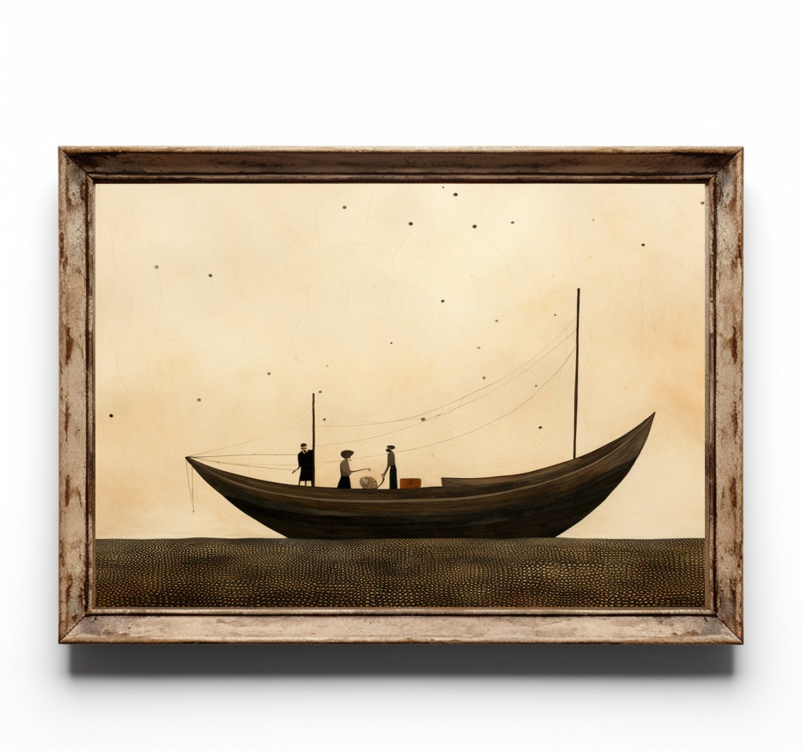 Minimalist Sailboat Night Starry Seascape Vintage Boat Poster