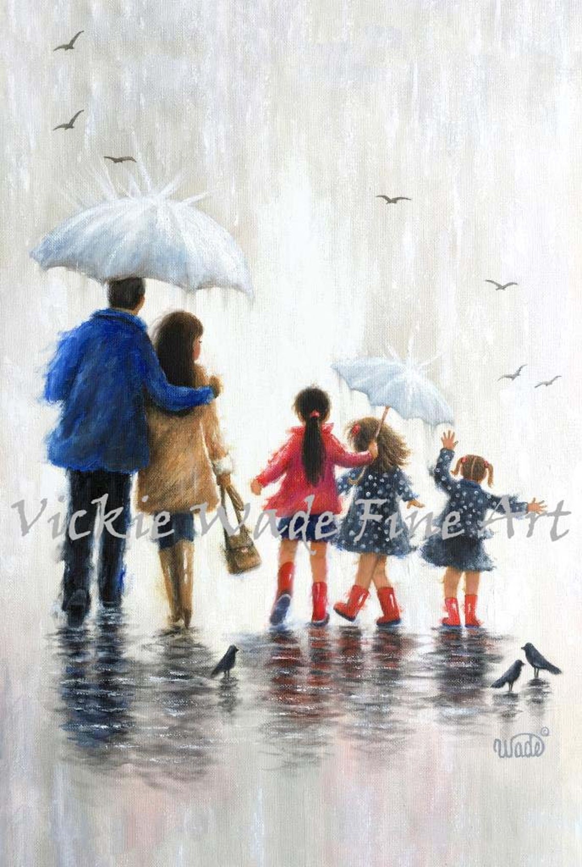 Mom Dad And Three Daughters Walking Together In The Rain Poster