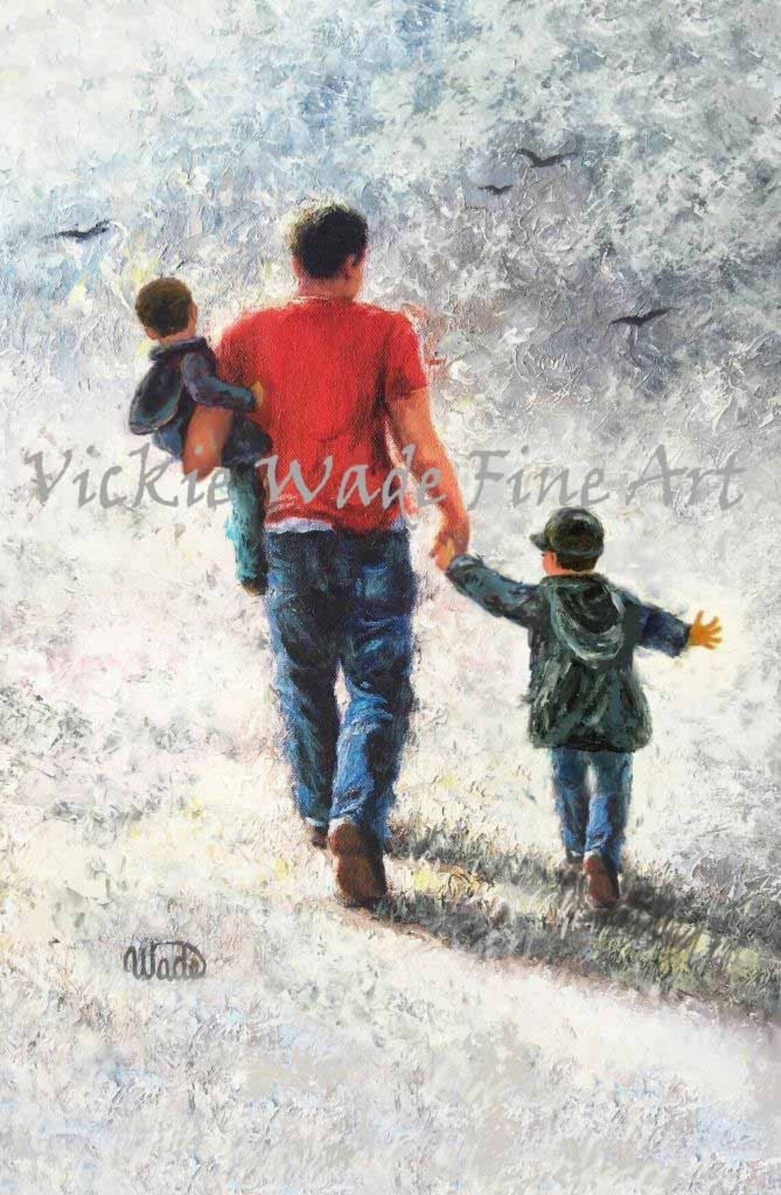 Father Carrying One Son and Holding the Other's Hand Art Poster