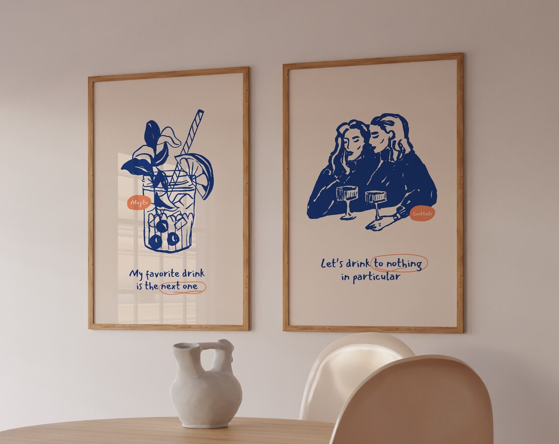 Mojito and Cocktail Quotes Two Piece Set Funny Blue Bar Cart Poster