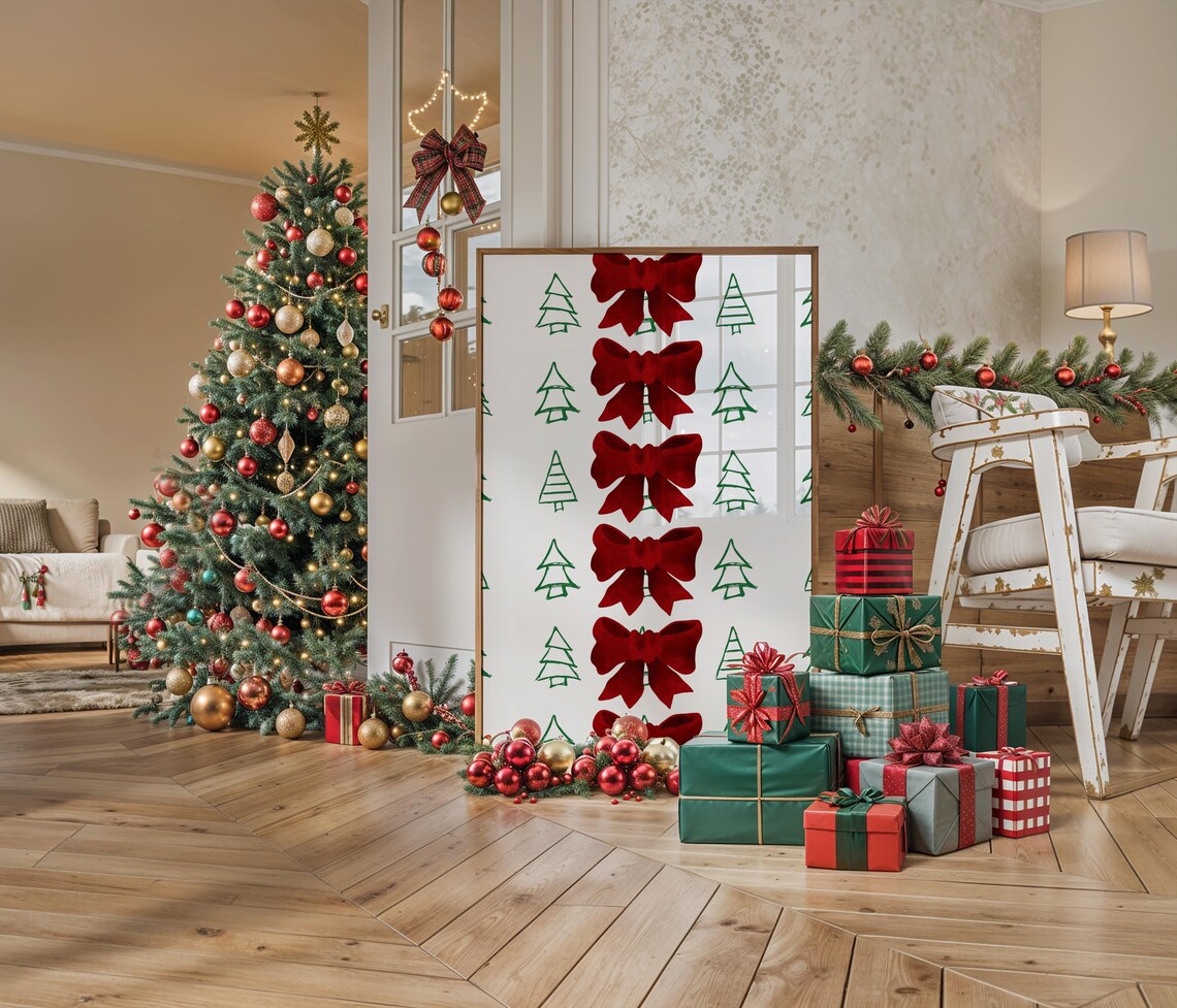 Christmas Bow and Tree Pattern Poster Festive Red Holiday Wall Decor Art - Image 3