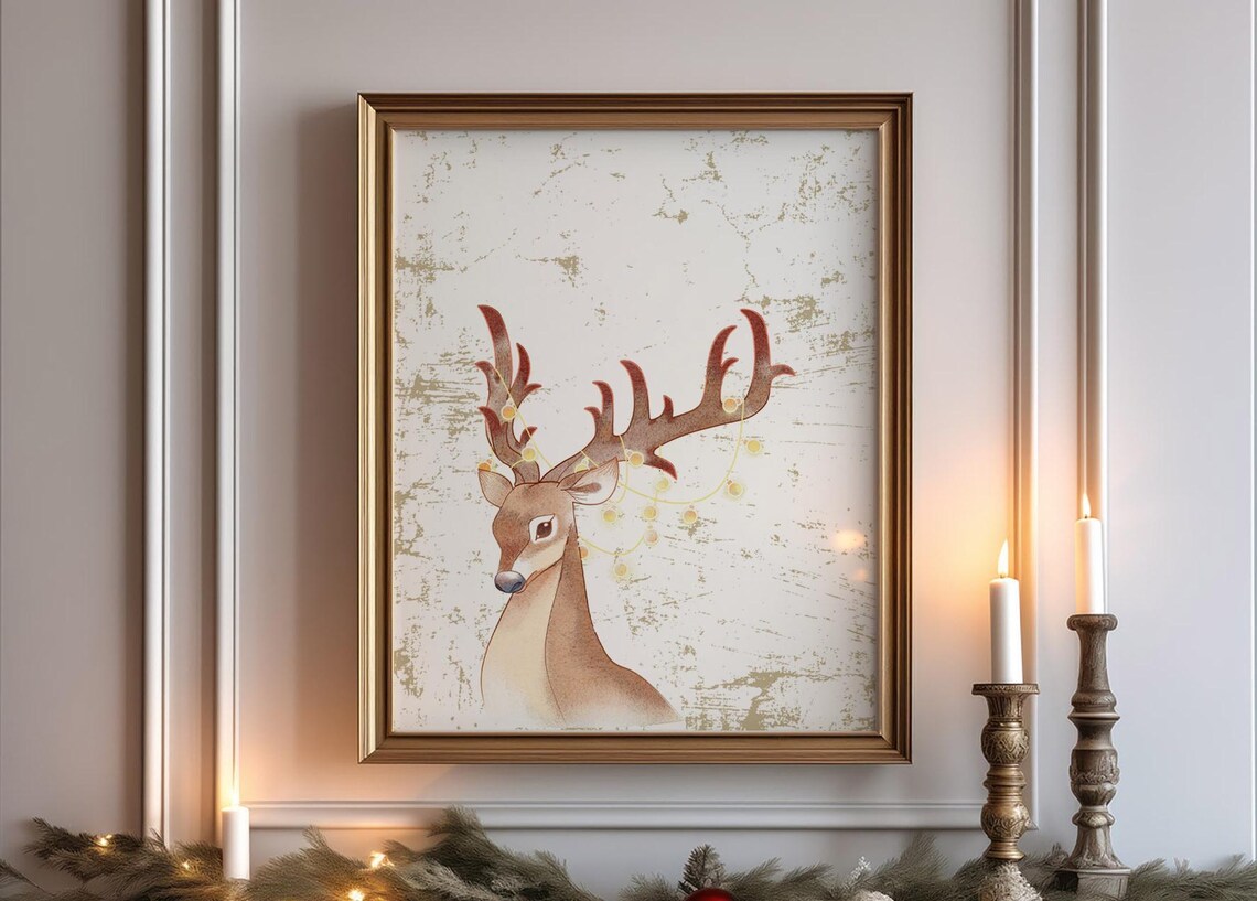 Watercolor Reindeer Christmas Poster Woodland Deer Holiday Decor Art