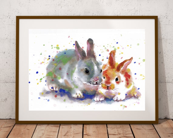Rabbit Watercolor Art Print, Handmade Nursery Decor