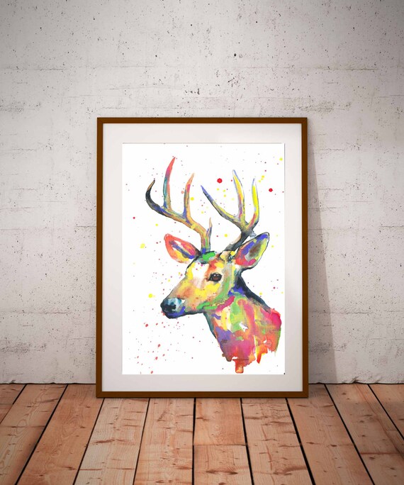 Stag Deer Antlers Rainbow Watercolor Splash Wildlife Animal Art Poster