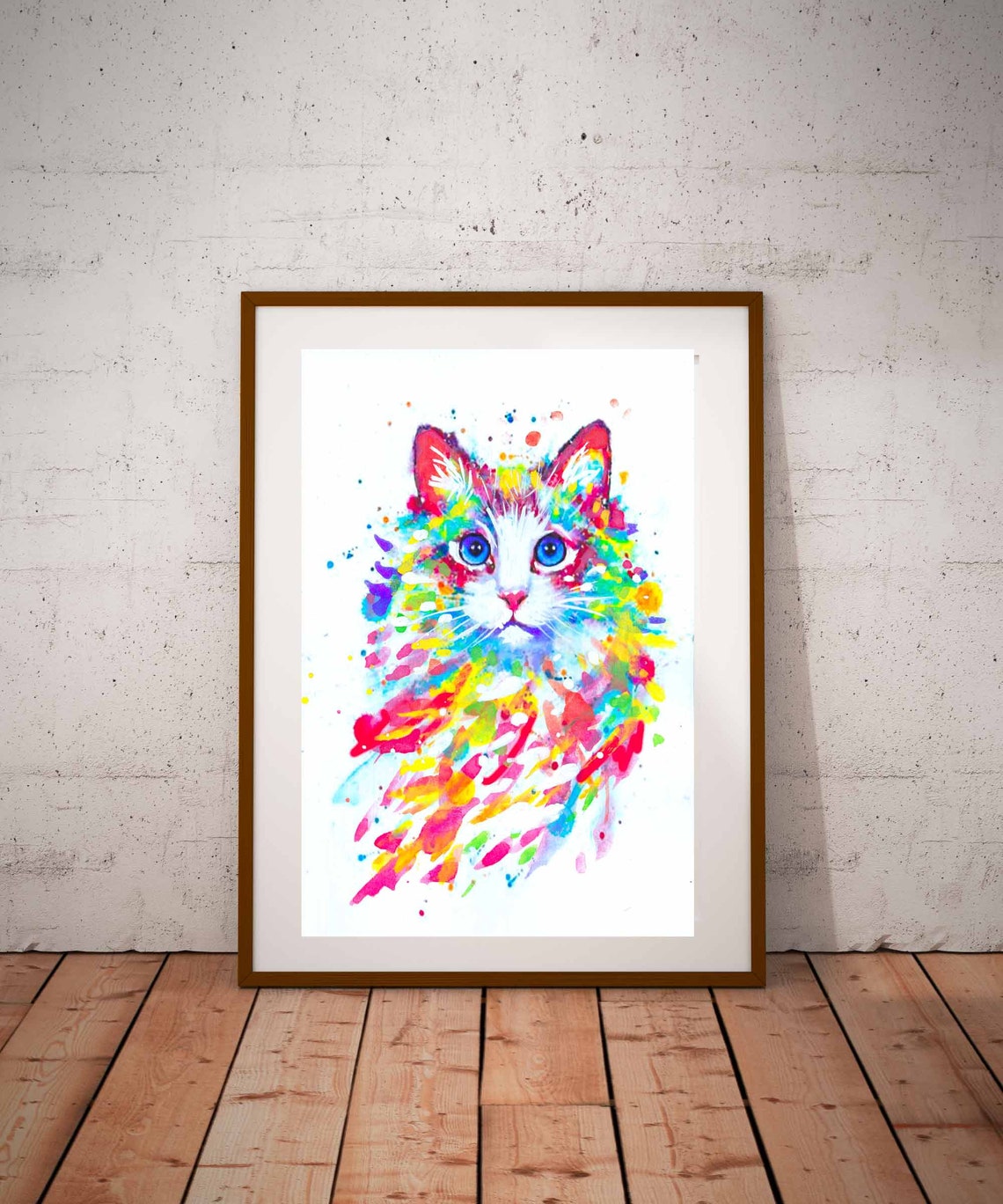 Rainbow Kitten Blue Eyes Watercolor Splatter Cute Cat Wall Art
